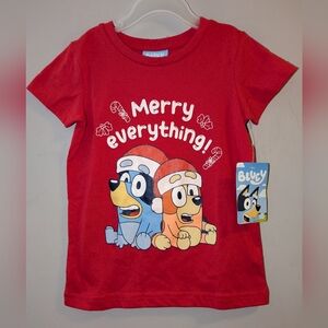 🆕 Bluey & Bingo Kids' Red Festive Christmas T-Shirt - Merry Everything! Sz 4 🎅